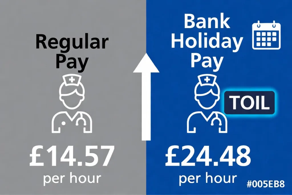 Comparison visual showing NHS bank holiday pay with 68% enhancement and TOIL versus regular pay rates