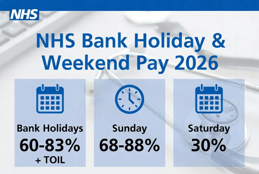 NHS bank holiday and weekend pay enhancements 2026 infographic showing 30-83% rates by pay band