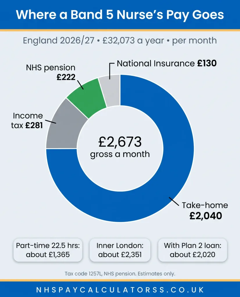 Donut chart of a Band 5 nurse's £2,673 monthly gross pay in 2026/27 split into £2,040 take-home, income tax, NHS pension and National Insurance